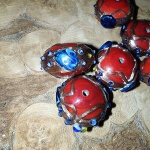 Beads106: 10 Vtg “wedding cake” Glass Beads-Red, Blue Copper Foil, 22mm